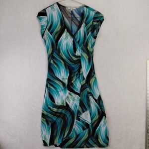 MIKO Womens Teal Abstract Swirl Print Ruched Faux Wrap Sheath Dress‎ S F1121-325